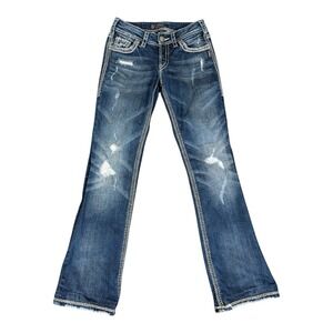 Silver Jeans Suki Flap 17" Stretch bootcut size 26x33 Distressed Cowboy Wide Leg